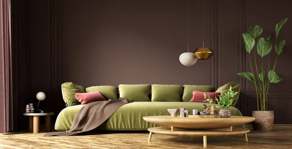 緑のソファと木製コーヒーテーブル付きのリビングルームのモダンなインテリアデザイン 家の中だ 3Dレンダリング ストック画像