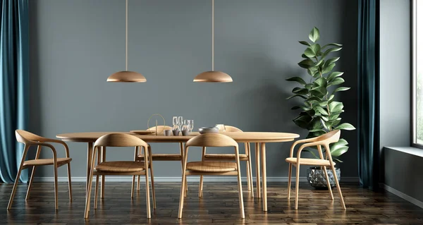 现代餐厅的内部 餐桌和木制椅子靠着蓝色的墙壁 家庭设计 3D渲染 免版税图库图片