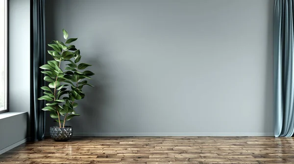 Leerer Raumhintergrund Blaue Wand Topf Mit Pflanze Holzboden Rendering lizenzfreie Stockfotos