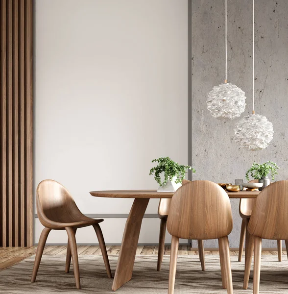 现代餐厅的内部 餐桌和木制椅子在有混凝土墙的房间里 家庭设计 3D渲染 免版税图库照片