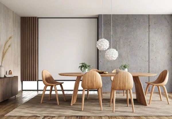 现代餐厅的内部 餐桌和木制椅子在有混凝土墙的房间里 家庭设计 3D渲染 图库图片