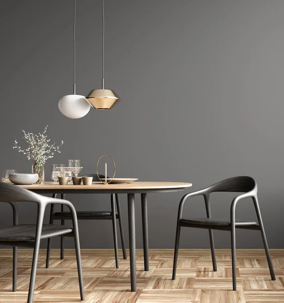 现代餐厅的内部 餐桌和木制椅子靠着黑墙 家庭设计 3D渲染 免版税图库图片