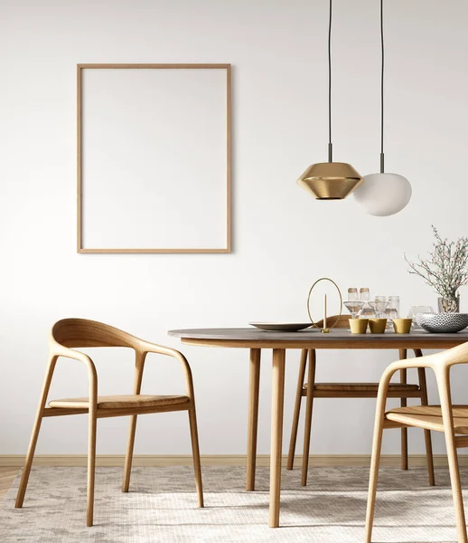 现代餐厅的内部 餐桌和木制椅子靠墙 贴有海报 家庭设计 3D渲染 图库图片
