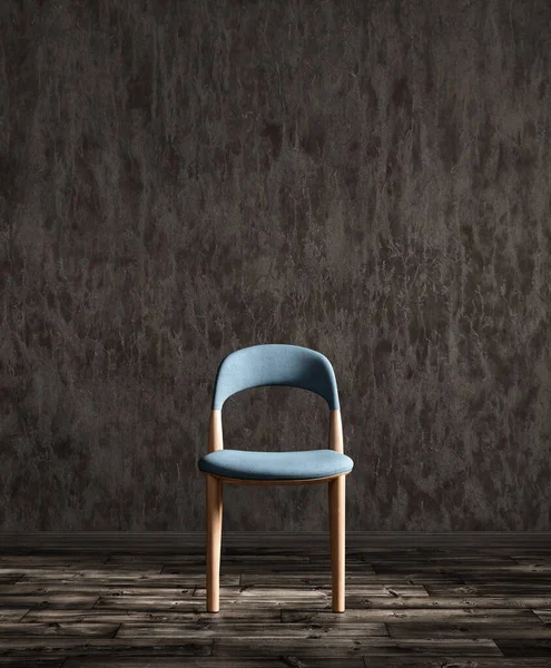 蓝色的面料餐椅靠着深色的粉刷墙壁 3D渲染 图库图片