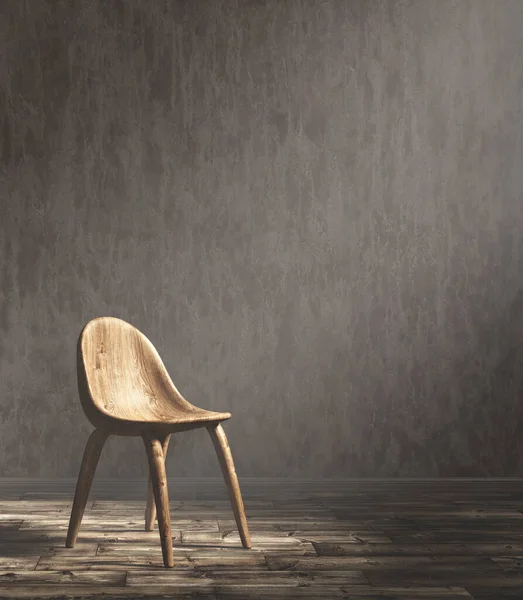 Cadeira Jantar Madeira Contra Parede Estuque Escuro Renderização Imagens Royalty-Free