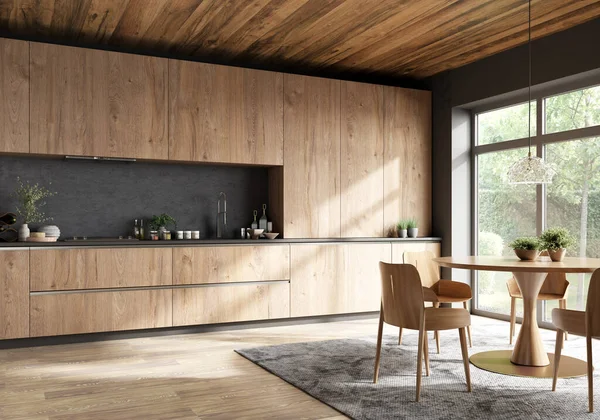 Moderní Design Interiéru Dřevěné Kuchyně Kulatým Jídelním Stolem Židlemi Blízkosti Stock Obrázky