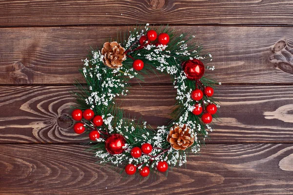 Christmas Decorative Wreath Wooden Background — Stock Photo, Image