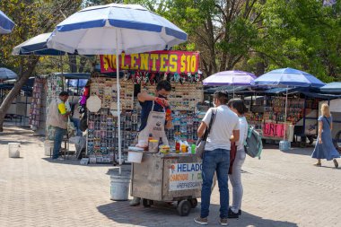 MEXICO CITY, MEXICO. March 24, 2022: Treats stand with batanas, chips, maxican snacks n Chapultepec park, Mexico City, Mexico,