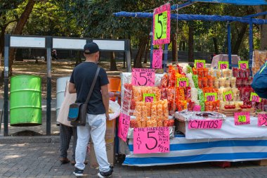 MEXICO CITY, MEXICO. March 24, 2022: Treats stand iwith batanas, chips, maxican snachs n Chapultepec park, Mexico City, Mexico,