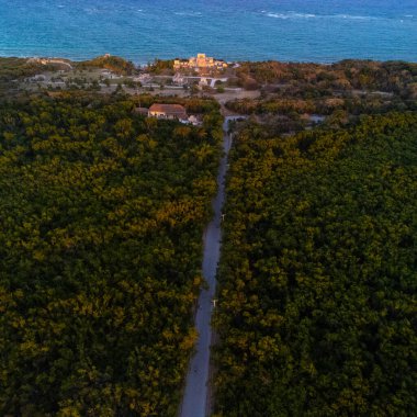 Tulum Ruins and forests with ocean,  aerial view taken with drome , Yucatan, Mexico