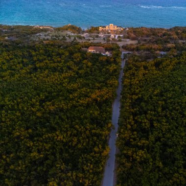 Tulum Ruins and forests with ocean,  aerial view taken with drome , Yucatan, Mexico