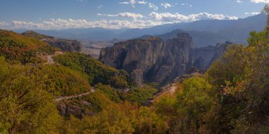 Amazing monasteries of Meteora on the rocks in autumn , Greece. Holy trinity monastery view