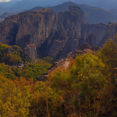 Amazing monasteries of Meteora on the rocks in autumn , Greece. Holy trinity monastery view