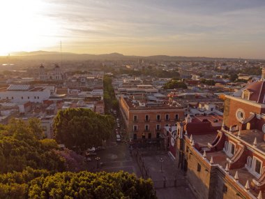Puebla downtown taken in sunrise time with drone, Mexico