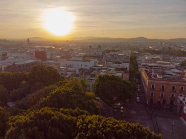 Puebla downtown taken in sunrise time with drone, Mexico
