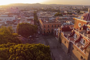 Puebla downtown taken in sunrise time with drone, Mexico