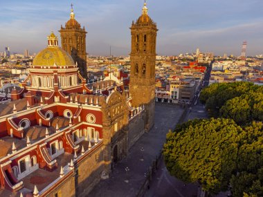 Puebla downtown taken in sunrise time with drone, Mexico