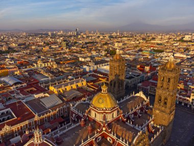 Puebla downtown taken in sunrise time with drone, Mexico