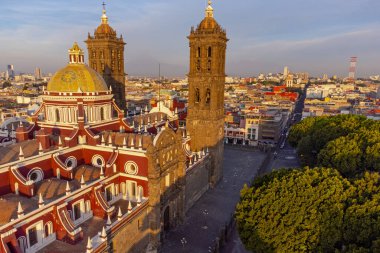 Puebla downtown taken in sunrise time with drone, Mexico