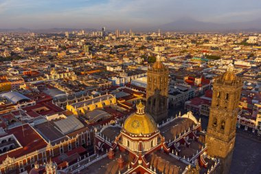 Puebla downtown taken in sunrise time with drone, Mexico