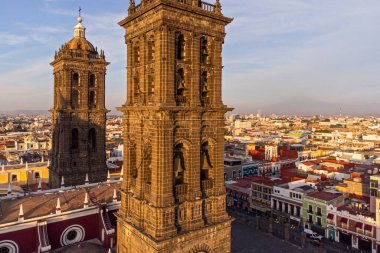 Puebla downtown taken in sunrise time with drone, Mexico