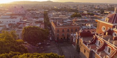 Puebla downtown taken in sunrise time with drone, Mexico