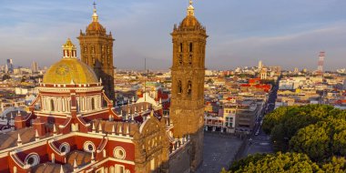 Puebla downtown taken in sunrise time with drone, Mexico