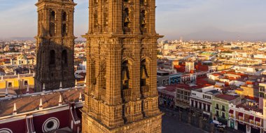 Puebla downtown taken in sunrise time with drone, Mexico