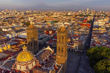 Puebla downtown taken in sunrise time with drone, Mexico