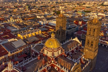 Puebla downtown taken in sunrise time with drone, Mexico