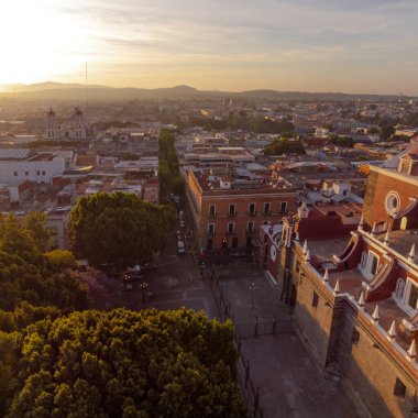 Puebla downtown taken in sunrise time with drone, Mexico