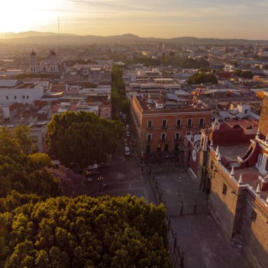 Puebla downtown taken in sunrise time with drone, Mexico