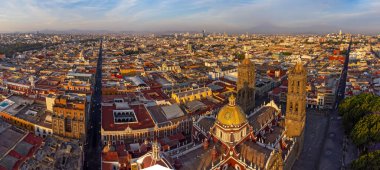 Puebla downtown taken in sunrise time with drone, Mexico