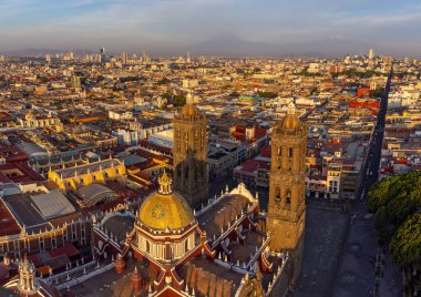 Puebla downtown taken in sunrise time with drone, Mexico