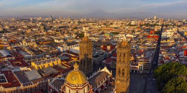 Puebla downtown taken in sunrise time with drone, Mexico