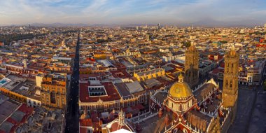 Puebla downtown taken in sunrise time with drone, Mexico