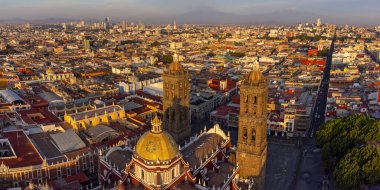 Puebla downtown taken in sunrise time with drone, Mexico