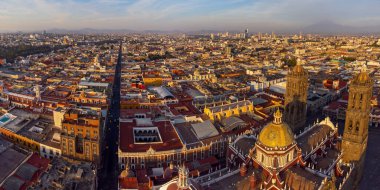 Puebla downtown taken in sunrise time with drone, Mexico