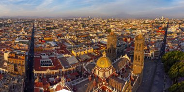 Puebla downtown taken in sunrise time with drone, Mexico