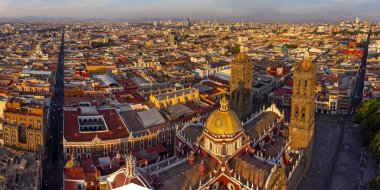 Puebla downtown taken in sunrise time with drone, Mexico