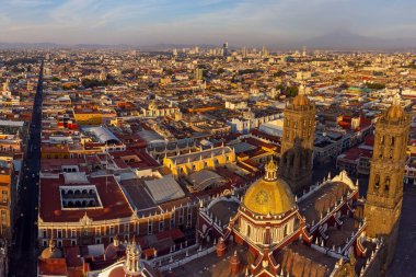 Puebla downtown taken in sunrise time with drone, Mexico