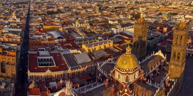 Puebla downtown taken in sunrise time with drone, Mexico