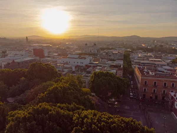 Puebla downtown taken in sunrise time with drone, Mexico