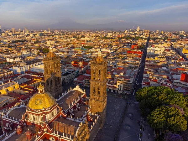 Puebla downtown taken in sunrise time with drone, Mexico