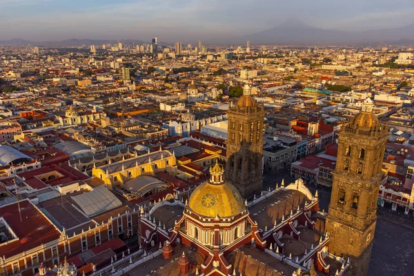 Puebla downtown taken in sunrise time with drone, Mexico