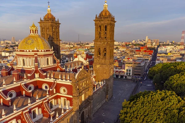 Puebla downtown taken in sunrise time with drone, Mexico