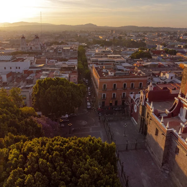 Puebla downtown taken in sunrise time with drone, Mexico