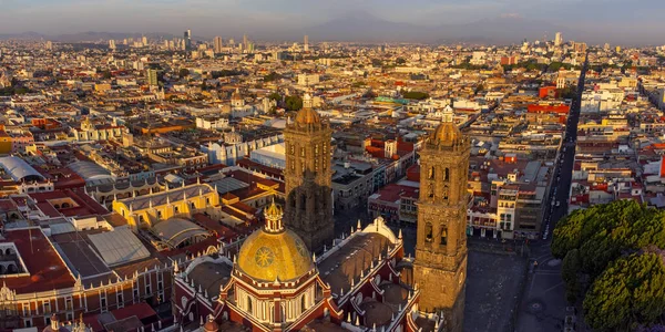 Puebla downtown taken in sunrise time with drone, Mexico