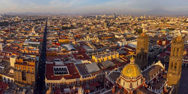 Puebla downtown taken in sunrise time with drone, Mexico