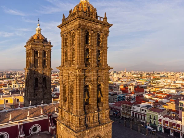 Puebla downtown taken in sunrise time with drone, Mexico